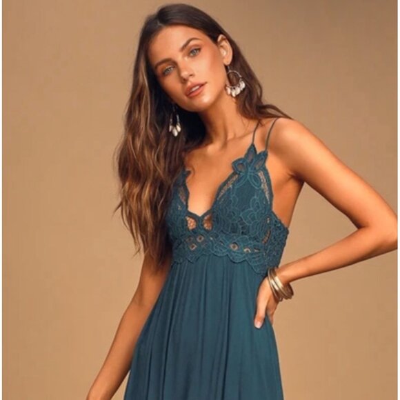 Free People Teal Lace Crochet Trim Ruffled Hem Flowy Casual Boho Slip Dress - Picture 4 of 16